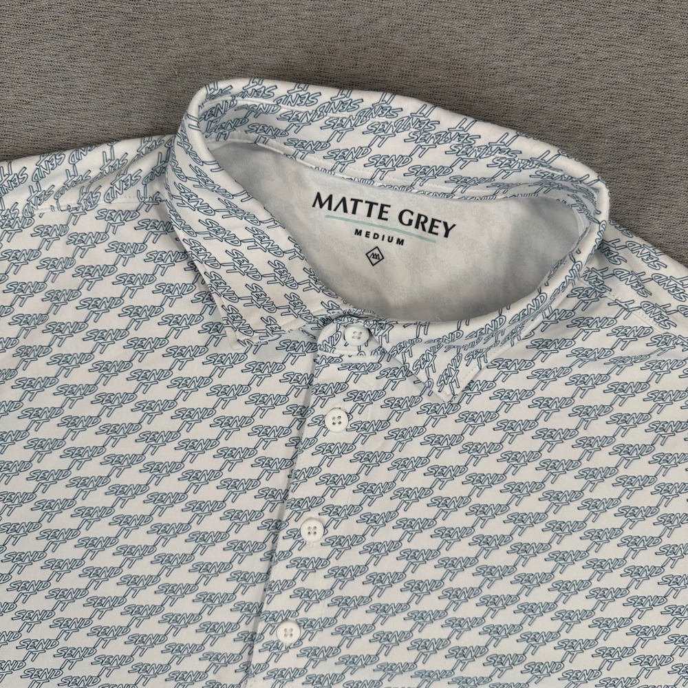 Matte Grey Golf Polo Shirt Mens Medium White Blue "Send It" Graphic Short Slv